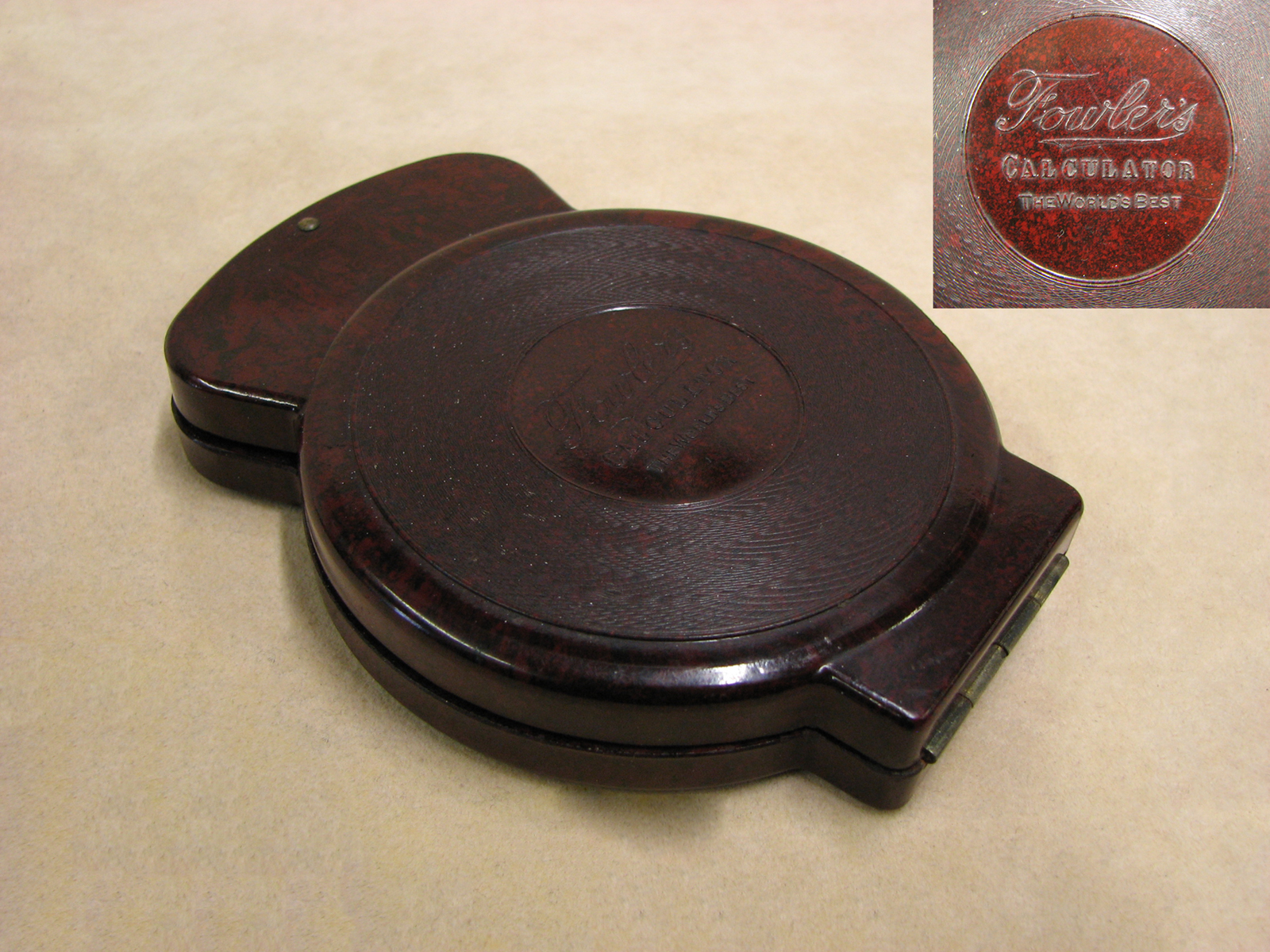 Rare 1920's Fowler's textile calculator with bakelite backplate and outer case